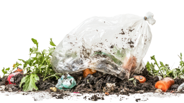 A plastic bag overflowing with organic waste and debris on dirt, highlighting the issue of litter in the environment.