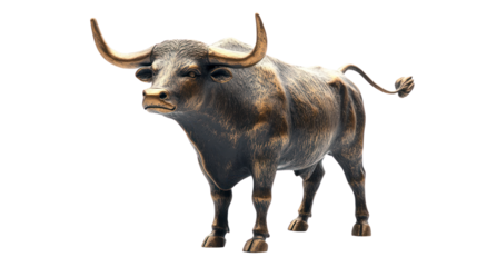 A realistic 3D rendering of a powerful bull, showcasing its muscular build and prominent horns, set against a white isolated background.