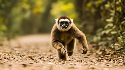 Obraz premium Gibbon with a white spot on its face running down a dirt road
