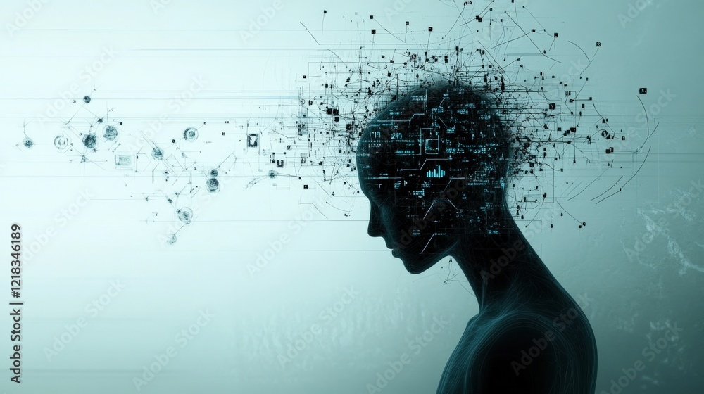 Aufkleber conceptual illustration of human brain with technology and data representations, symbolizing artific