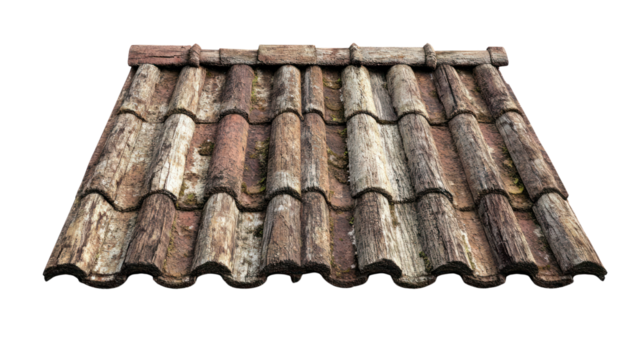 A rustic clay roof tile arrangement showcasing a variety of textures and colors, isolated on a white background for clear visibility.
