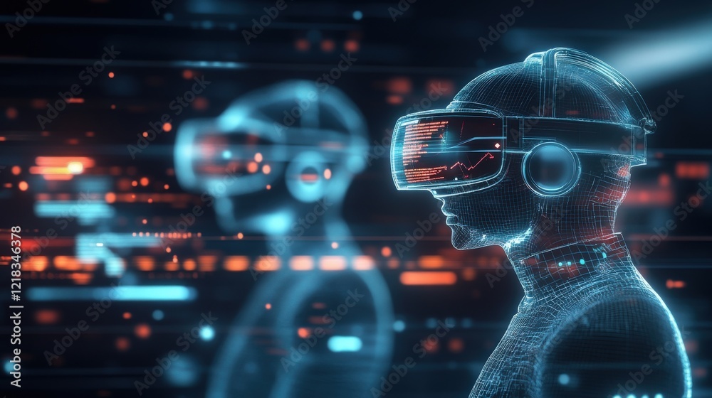 Aufkleber futuristic virtual reality experience with digital headset and neon colors representing technology a