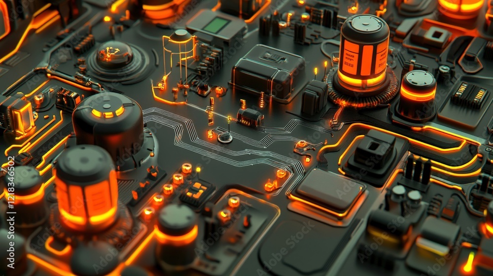Aufkleber Futuristic Circuit Board with Glowing Elements and 3D Structure, Ideal for Technology or Innovation Themes, Highlighting Modern Electronics and Advanced Design Concepts