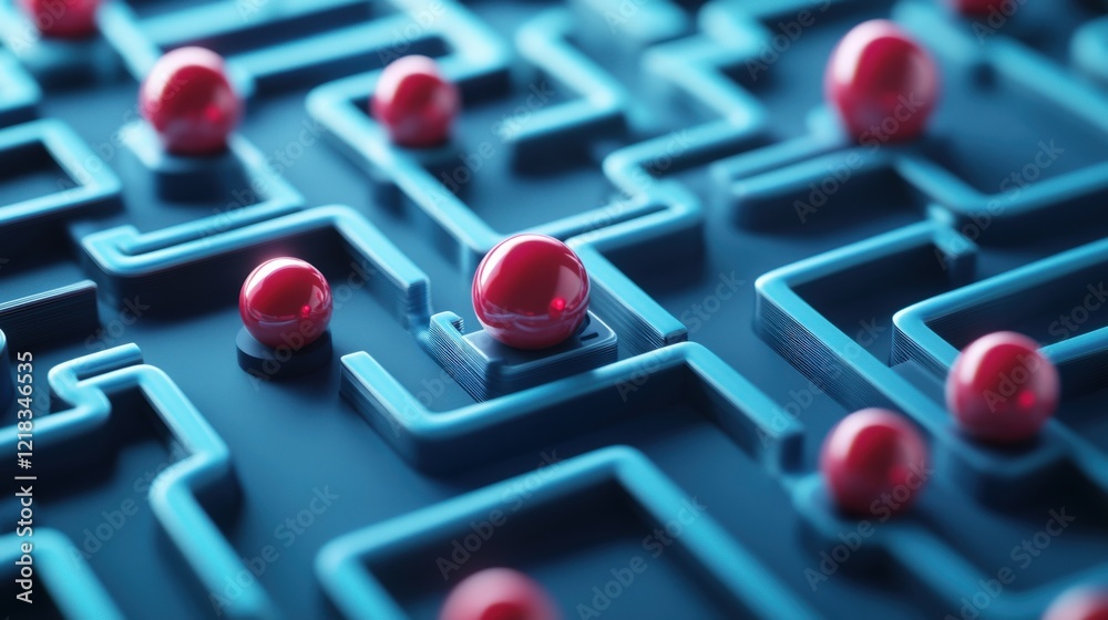 Poster abstract maze with luminous blue pathways and glossy red spheres, representing challenges, navigatio
