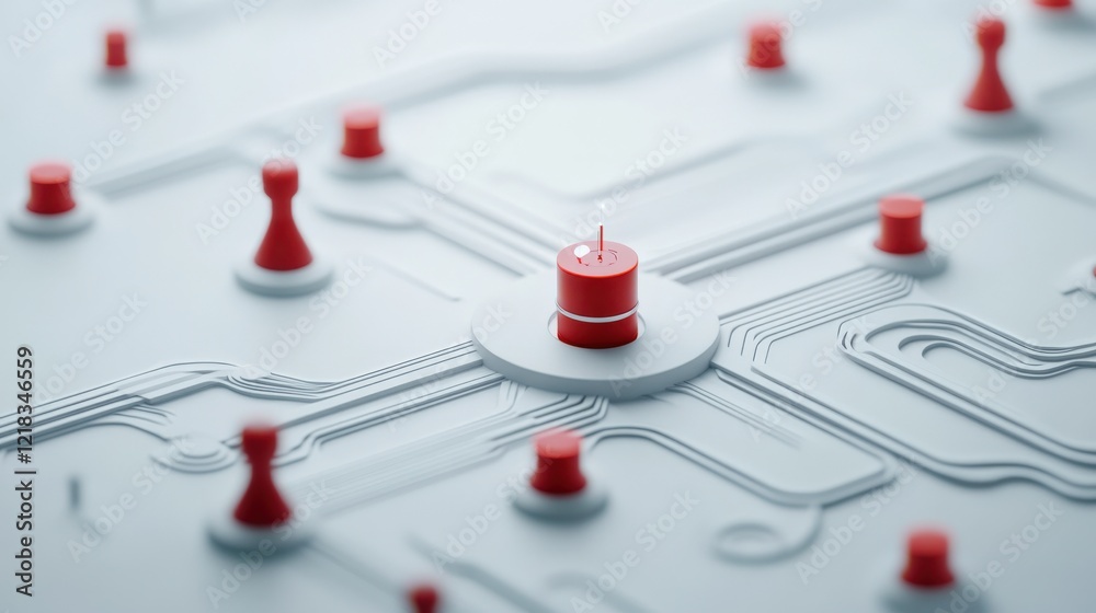 Poster Abstract representation of connected elements featuring red tokens and a central point, illustrating concepts of networking, strategy, and technology in a minimalistic design.