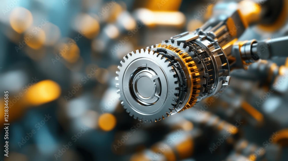 Poster close-up view of precision engine component with detailed gear mechanism set against a blurred indus