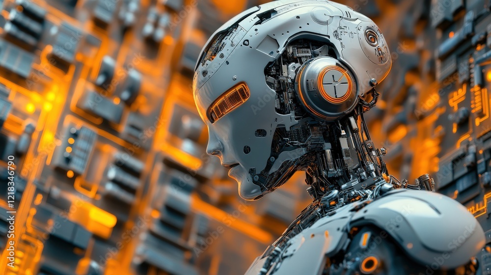 Poster futuristic robot head with intricate features surrounded by abstract circuitry in vibrant orange and