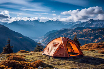 Tourist tent on top of a mountain. Generative AI