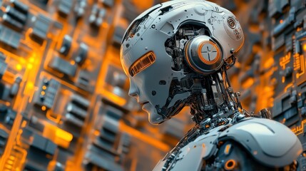Fototapeta premium Futuristic Robot Head with Intricate Features Surrounded by Abstract Circuitry in Vibrant Orange and Gray Colors, Symbolizing Advanced Technology and Innovation