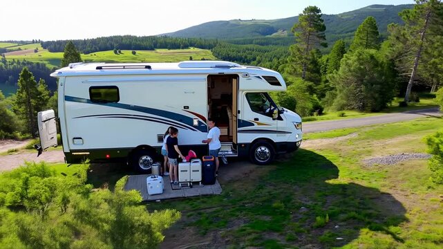 Vacation with Caravan car. Family travel RV, holiday trip in motorhome with beautiful nature landscape	