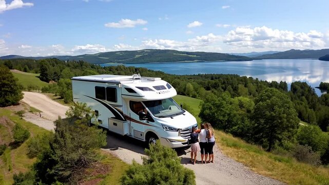Vacation with Caravan car. Family travel RV, holiday trip in motorhome with beautiful nature landscape	