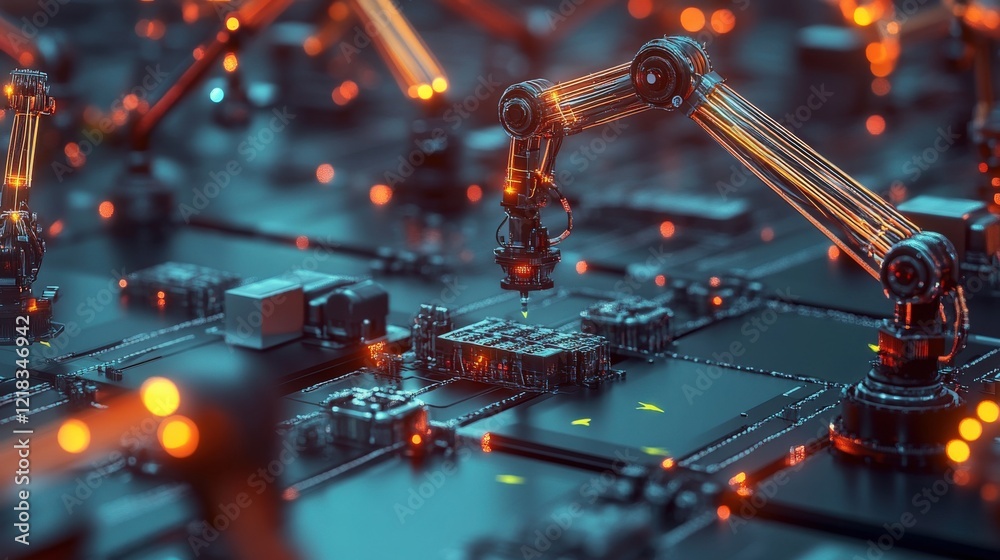 Aufkleber advanced robotic arms assembling electronic components in a high-tech manufacturing environment show