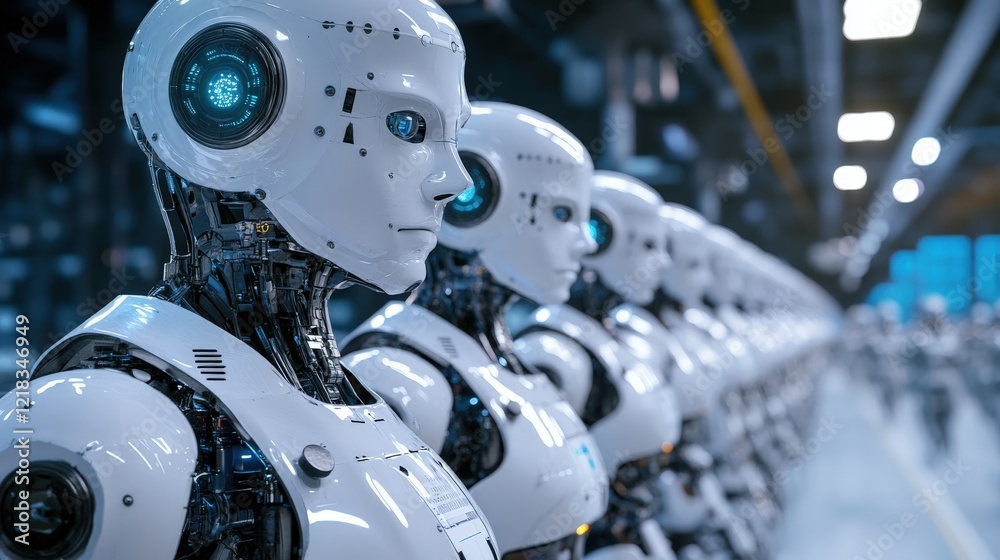 Poster Futuristic Robots in a High-Tech Manufacturing Facility Showcasing Advanced Technology for Automation and Robotics in Modern Industries