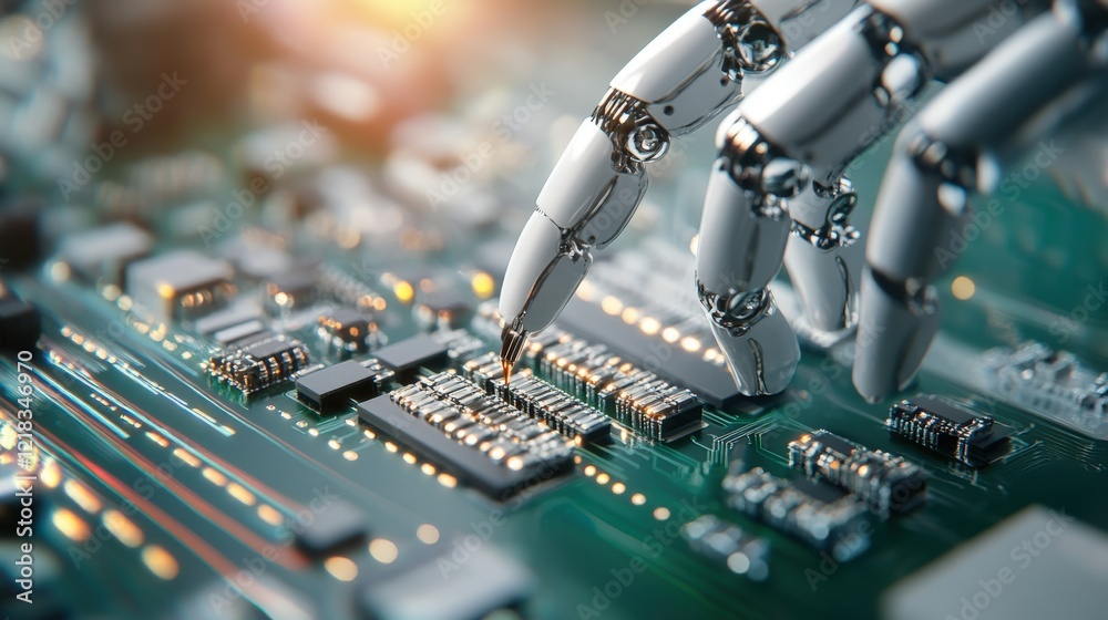 Poster Robot Hand Interacting with Circuit Board, Futuristic Technology, Artificial Intelligence in Action, Close-Up of Robotics and Microelectronics, High-Tech Innovation