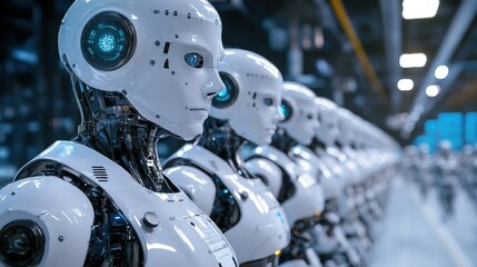 Fototapeta premium Futuristic Robots in a High-Tech Manufacturing Facility Showcasing Advanced Technology for Automation and Robotics in Modern Industries
