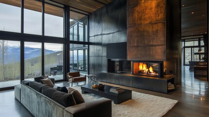 Dark living room loft with fireplace, industrial style, 3d render