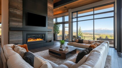 Dark living room loft with fireplace, industrial style, 3d render