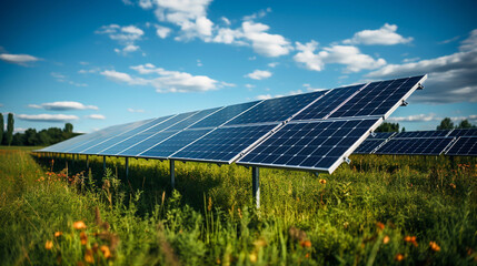 Solar panels on a field with green grass and flowers. Generative AI