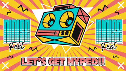 Retro music festival banner design template. Event poster 90s style for digital promotion and backdrop. Digital advertisement design. Music fest flyer, ads, layout, wallpaper. Colorful banner design