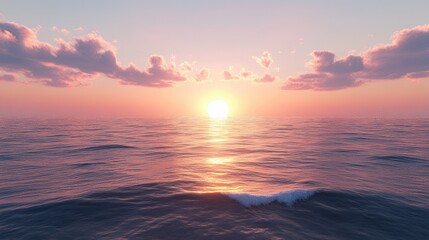 Naklejka premium A romantic sunset view over the ocean with gentle waves and soft pink clouds.