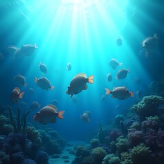 Naklejka premium The image depicts a vibrant underwater scene featuring a school of fish swimming amidst coral and clear water, with sunlight filtering through the water.