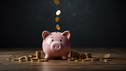 Piggy Bank Filling Up with Coins   Concept of Financial Savings and Wealth Building.