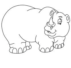Cute cartoon hand drawn vector happy rhino standing coloring page.