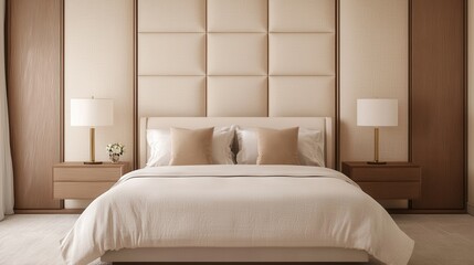 A serene, modern bedroom featuring a plush bed, elegant bedside lamps, and a textured wall, creating a cozy and inviting atmosphere.