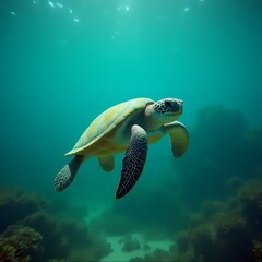 An image of a sea turtle swimming underwater, with a coral reef visible in the background.