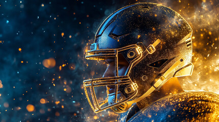A close-up of an American football player wearing a gold and black helmet, with the background being dark blue and golden particles, creating cinematic effects.