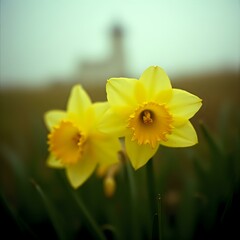 Obraz premium The image displays two vibrant yellow daffodils in full bloom, with their centers visible, set against a blurred backdrop of a grassy area and a building.