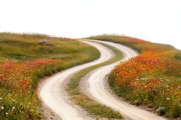 Fototapeta premium Winding dirt road through wildflowers. Ideal for travel, adventure, and nature themes.