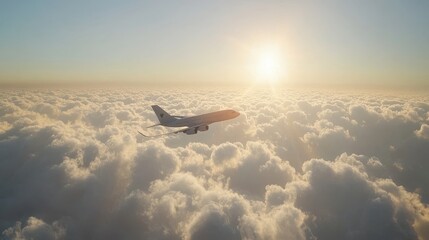 Fototapeta premium Plane fly in sky above white fluffy clouds and sun. Concept of passenger aircraft flight, travel, commercial aviation. Vector cartoon illustration of flying big airplane on sunny sky background