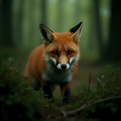Obraz premium A close-up photograph of a fox with a blurred forest background, showcasing the fox's distinctive reddish-orange fur and alert facial expression.