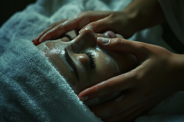 Fototapeta premium woman is receiving facial massage with gold mask on her face beauty concept.