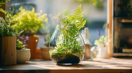 Sunlit terrarium with ferns and moss in a glass vase on a wooden surface.