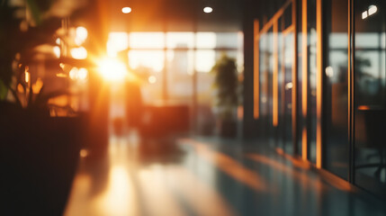 modern office interior with blurred background, showcasing warm sunlight streaming through large windows, creating serene atmosphere