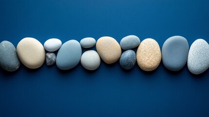 Smooth stones arranged in a row on blue background