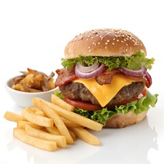 Gourmet Burger with Fries png isolated on white background