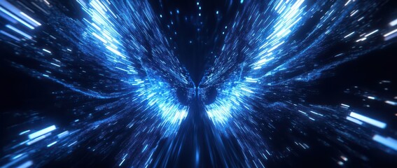 Obraz premium Abstract Blue Butterfly Wings Formed by Data Streams and Particles Evokes Speed and Technology