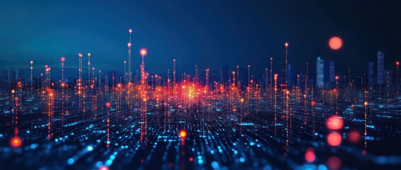 Obraz premium Futuristic Smart City Network Data Visualization Connects Urban Innovation and Technology.