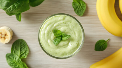 Obraz premium refreshing green smoothie made with spinach, banana, and mint, served in glass. vibrant colors and fresh ingredients create inviting and healthy drink