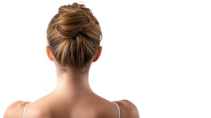 A woman with a stylish hair bun viewed from behind, showcasing elegance and simplicity on a clean background.
