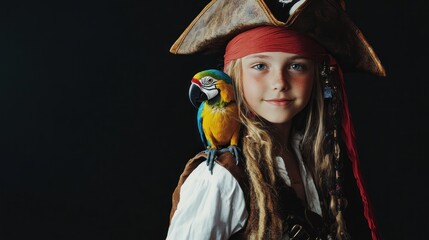 Girl pirate costume parrot shoulder dark background