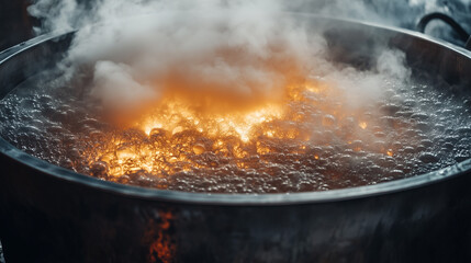 Bubbling syrup boiling in a large pot with steam rising