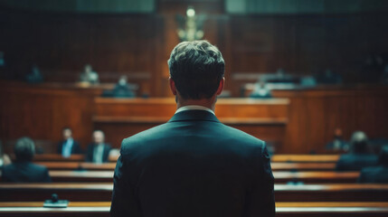 man nervously stands in courtroom, preparing to testify before panel of judges and audience. atmosphere is tense and serious, highlighting importance of moment