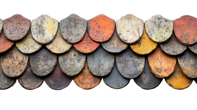 An artistic arrangement of colorful roof tiles showcasing a unique design with weathered textures and variations in color.