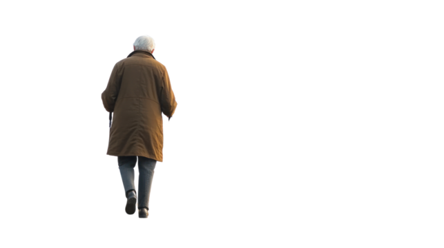 An elderly person walking away, wearing a long coat and hat, showcasing solitude and reflection against a white isolated background.