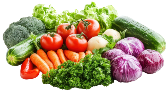 An assortment of fresh vegetables including tomatoes, cucumbers, carrots, and lettuce on a white background.