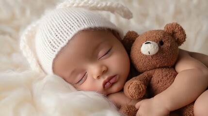 Newborn baby sleeping on a white fur blanket